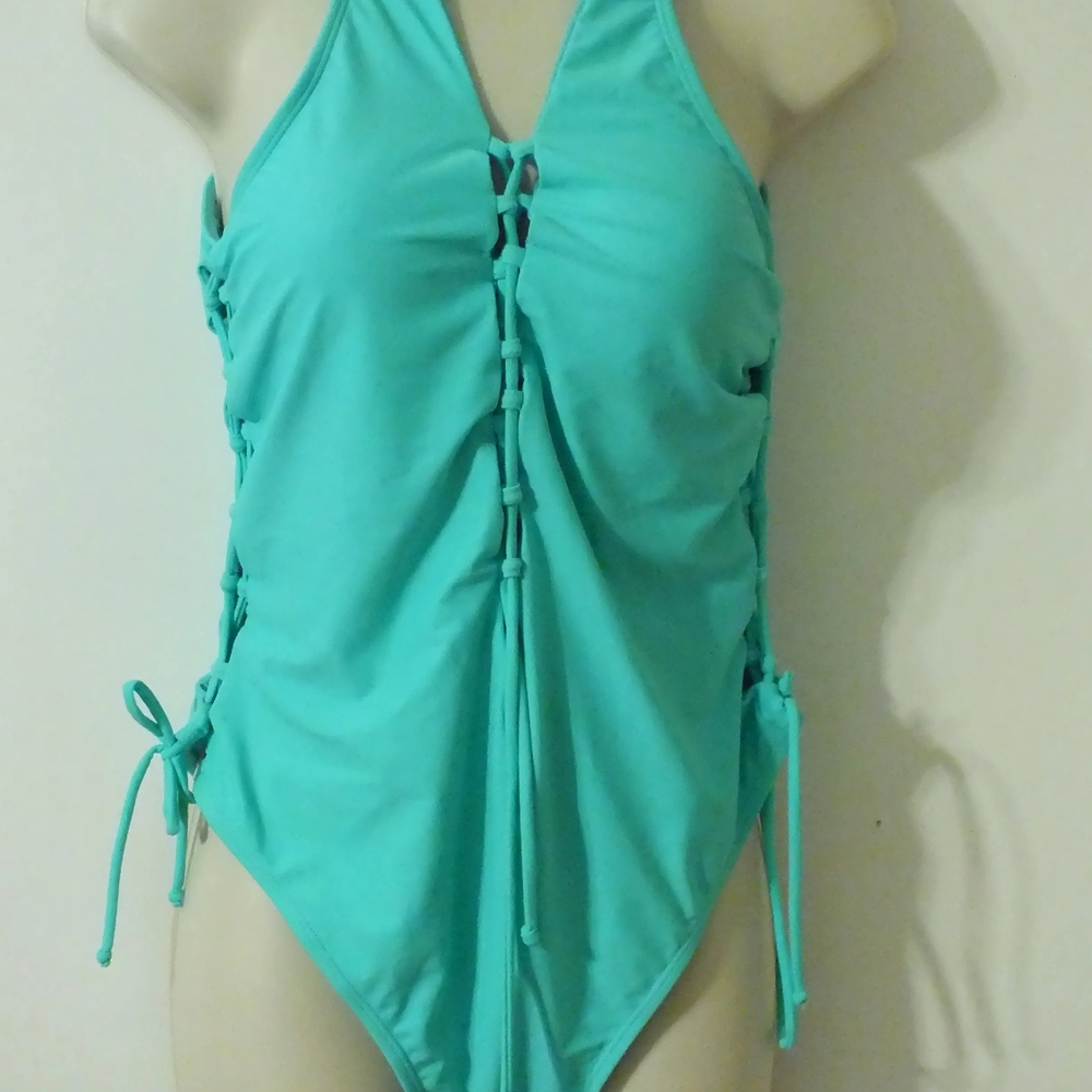 Backless Plunge Teal One Piece Swimsuit with V-Neck and Adjustable Ties
